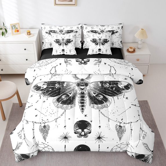 Erosebridal Death Moth 7 Pieces Bedding Set King Size, Sugar Skull Comforter Set with Sheets Boho Moth Bed in A Bag Gothic Skeleton Teens Bed Set Bedroom Decor 7Pcs