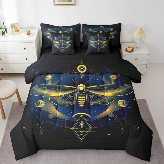 Erosebridal Death Moth Bedding Sets Twin Size,Gothic Theme Comforter Sets with Sheets,Breathable Reversible Bed in a Bag Twin size,Starry Sky Decor,7pcs