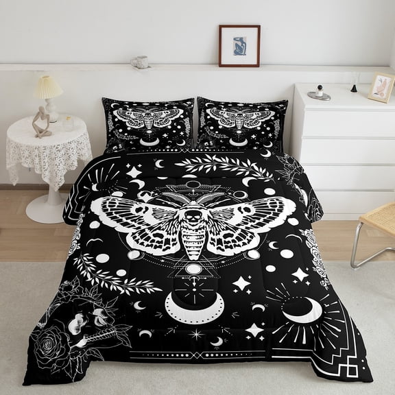 Erosebridal Death Moth Comforter King Size, Sugar Skull Bedding Set Boho Moth Comforter Set Gothic Skeleton Teens Duvet Set Bedroom Decor With 2 Pillow Case