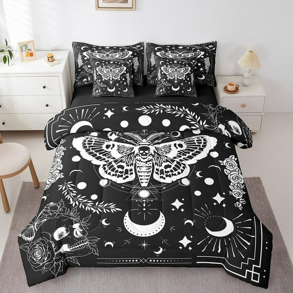 Erosebridal Death Moth Comforter Set with Sheets Twin Size, Sugar Skull Bed in A Bag Boho Moth 7 Pieces Bedding Set Gothic Skeleton Teens Bed Set Bedroom Decor 7Pcs