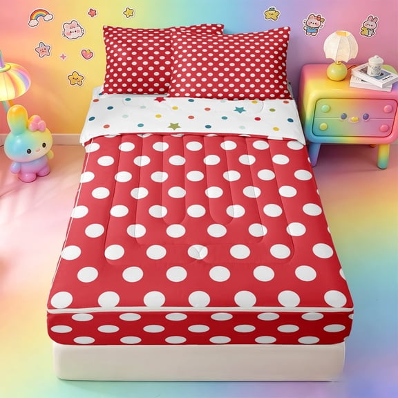 Erosebridal Deep Green Polka Dot Zipper Twin Comforter Sets with Fitted Sheet and 2 Pillowcases,White Circle Vintage Zipper Bedding Set For Girls,Polkadot Reversible,4 Pieces