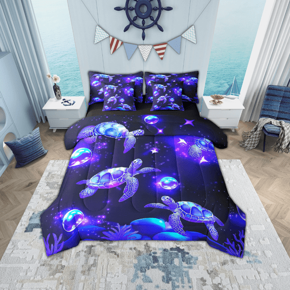 Erosebridal Deep Ocean Sea Turtle Bedding Sets Twin Size, Marine Animal Comforter Sets with Sheets, Navy Blue, Reversible 7-Piece