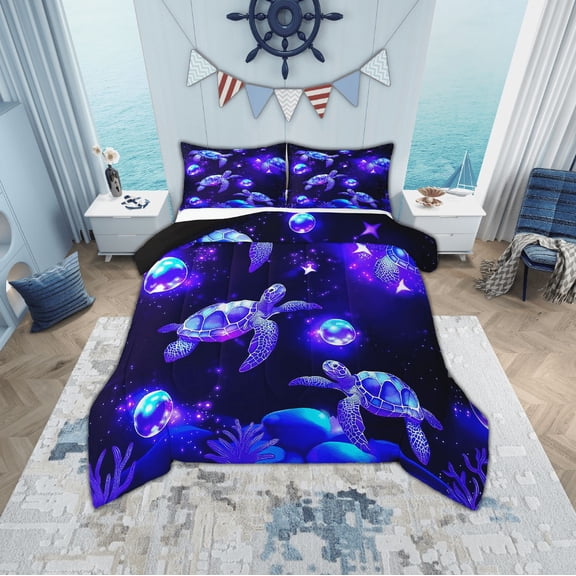 Erosebridal Deep Ocean Sea Turtle Comforter Sets King Size, Marine Animal Comforters & Duvets, Navy Blue, Reversible 3-Piece