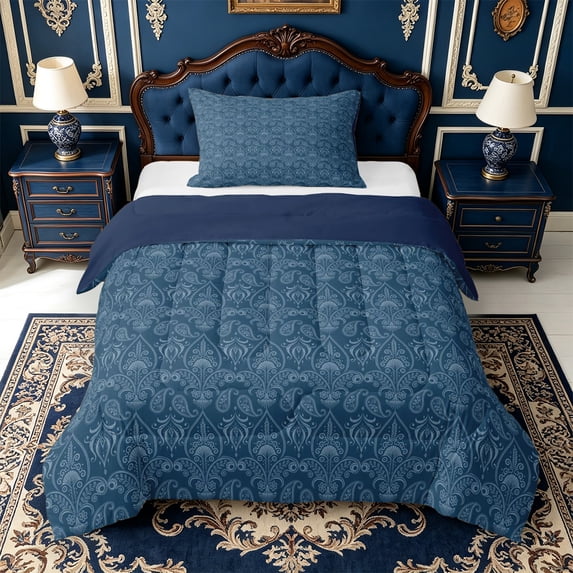 Erosebridal Deep Teal Paisley Twin Comforter Sets,Elegant Ethnic Motif Bedding Set,2pcs,1 Comforter and 1 Pillowcase,Navy Blue Reversible