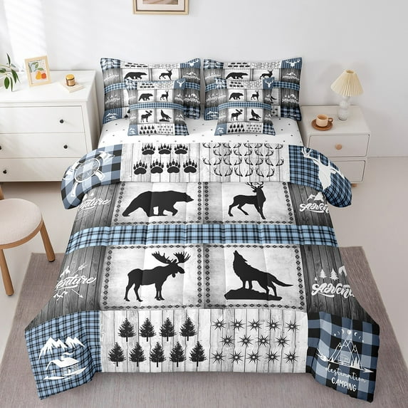 Erosebridal Deer Antler Bedding Sets Twin Size,Bear Silhouette Paws Comforter Sets with Sheets,Blue Geometric Patchwork Plaid Bed in a Bag Twin Size,Ultra Soft Bedroom Decoration,7-Piece