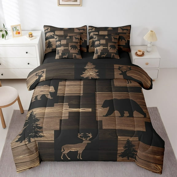 Erosebridal Deer Bear Bedding Sets Twin Size, Rustic Farmhouse Comforter Sets with Sheets, Woodland Wildlife Decor, Reversible
