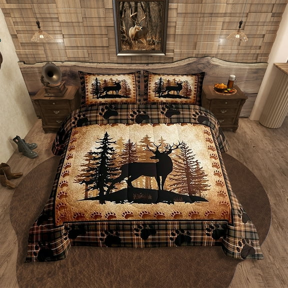Erosebridal Deer Bear Plaid Comforter Set King Size,Animal Hunting Bear Print Bedding Set for Women Adult,Pine Trees Rustic Retro Grid Luxury Bed Duvet Insert