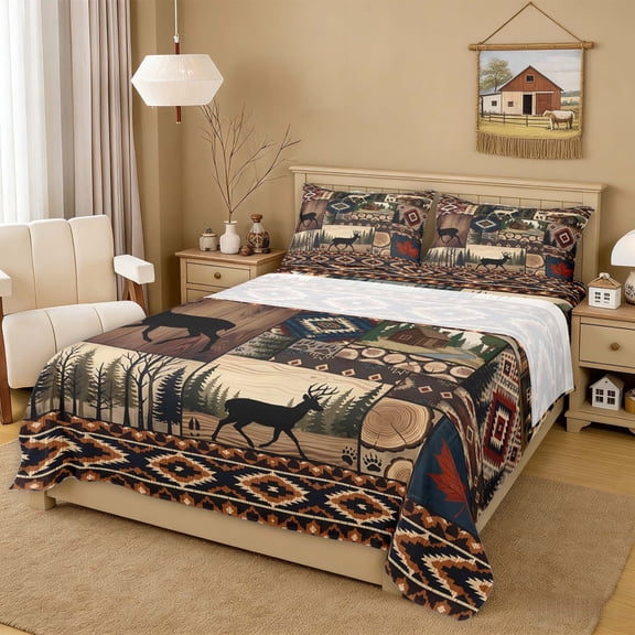 Erosebridal Deer Cabin Patchwork Full Size Sheets for Men and Women, Rustic Woodland Bed Sheets, 4pcs, 1 Flat Sheet, 1 Fitted Sheet and 2 Pillowcases