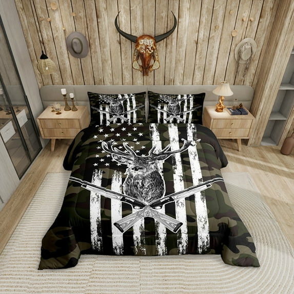 Erosebridal Deer Camo Comforter Set American Flag Bedding Hunting Theme Quilts Military Army Green Camouflage Duvet Set Wild Animal Elk Print Western Rustic Farmhouse Decor Comforter Twin