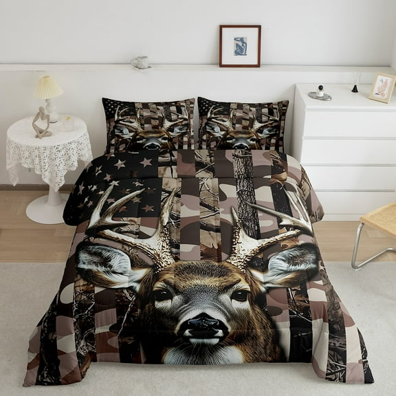 Erosebridal Deer Comforter Set,American Flag Camo Bedding Set Twin,Hunting Down Comforter,Wildlife Elk Moose Reversible Bed Set with 1 Pillowcase Lightweight