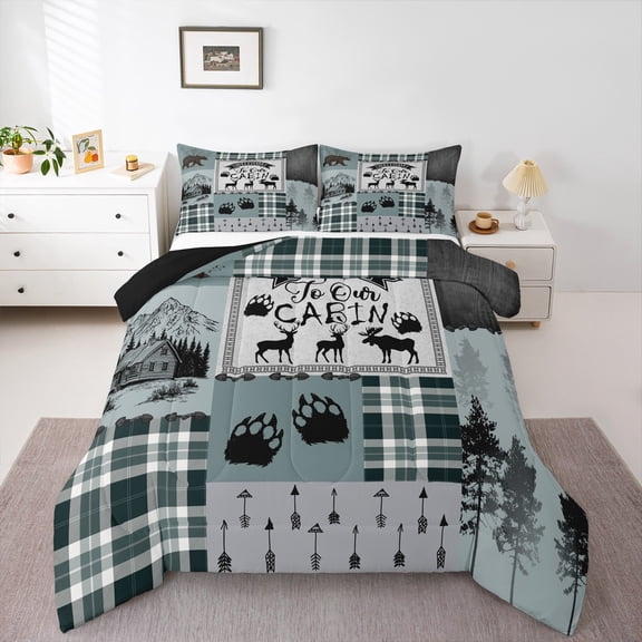 Erosebridal Deer Moose Bedding Set , Rustic Plaid Patchwork Comforter Set Queen Size, Farmhouse Camping Quilt Hunting Wild Animal Down Comforter Teens Adult Men, Grey Green
