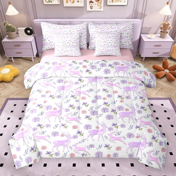 Erosebridal Deer Moose Twin Bedding Sets for Kids Girls, Purple Flower Floral Bedding Comforter Set, Pink Reversible, 7 Pieces