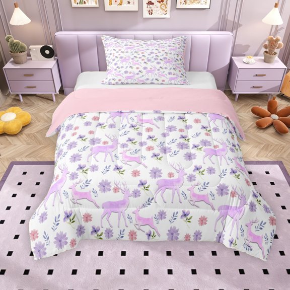 Erosebridal Deer Moose Twin Comforter Sets for Kids Girls, Purple Flower Floral Bedding Set, Pink Reversible, 2pcs