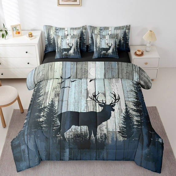 Erosebridal Deer Print Bedding Twin Size, Lodge Cabin Bed Set, Wooden Plank Reversible Bedding Sets Twin Size, Lightweight Room Decoration, 7-Piece