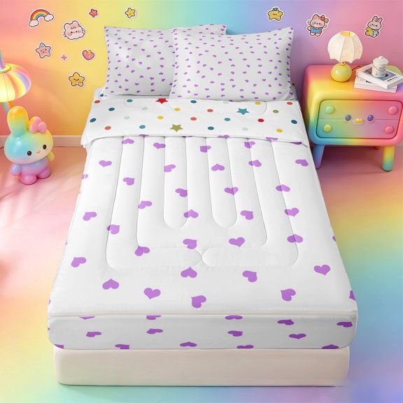 Erosebridal Delicate Violet Heart Dot Zipper Twin Comforter Sets with Fitted Sheet and 2 Pillowcases,Plain White Minimalist Backdrop Zipper Bedding Set For Girls,Polkadot Reversible,4-Piece