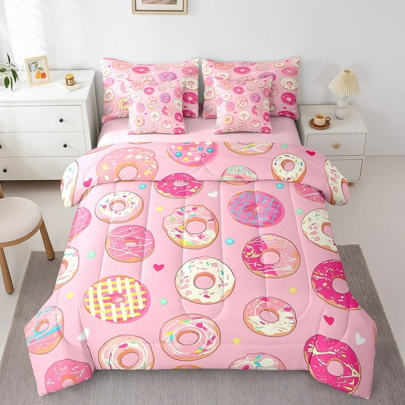 Erosebridal Dessert Donut Bedding Sets Full Size, Cute Cake Comforter Sets with Sheets, Cartoon Decorative, Reversible 7pcs