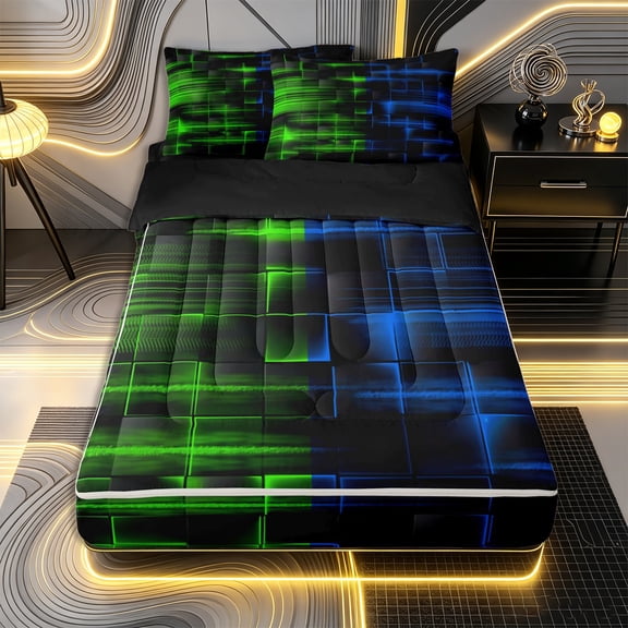 Erosebridal Digital Modern Zipper Twin Comforter Sets with Fitted Sheet and 2 Pillowcases,Radiant Cube Print Zipper Bedding Set,Green Blue Black,Black Reversible