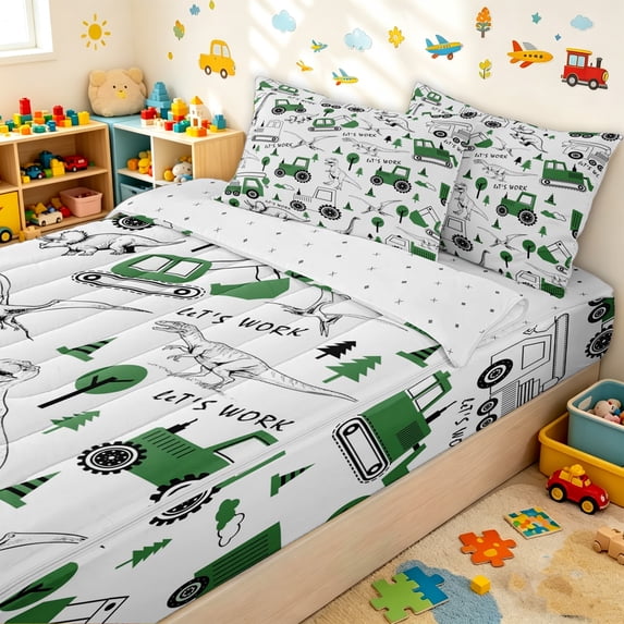 Erosebridal Dino Engineering Vehicle Zipper Full Size Comforter Sets with Fitted Sheet and 2 Pillowcases for Boys Men, Simple Tree Print Zipper Bedding Set, Reversible, 4 Pieces