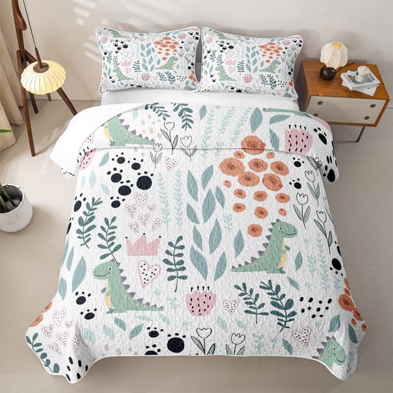 Erosebridal Dino Floral Quilt King,Green Dinosaur Rose Heart King Coverlet Set For Boys,3-Piece