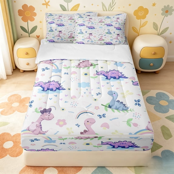 Erosebridal Dino Print Zipper Twin Comforter Sets with Fitted Sheet and 2 Pillowcases,Rainbow Dinosaur Cloud Zipper Bedding Set For Boys,4-Piece