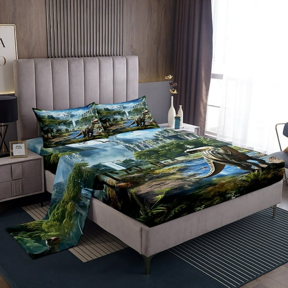Erosebridal Dinosaur Bed Set Dinosaur Bed Sheets Set, Jungle Dino Sheet Set Full Giant Sheets, Wild Animal Top Sheet Room Decoratives 4pcs