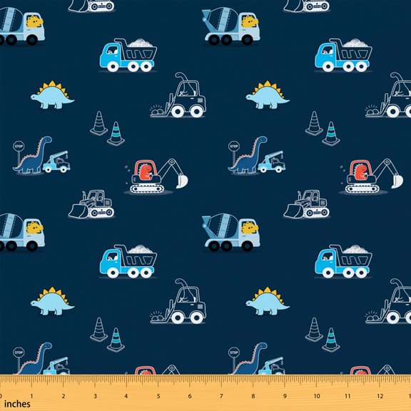 Erosebridal Dinosaur Construction Fabric by the Yard 1 Yard, Excavator Truck Home Decor Fabric by the Yard Green Brown V1