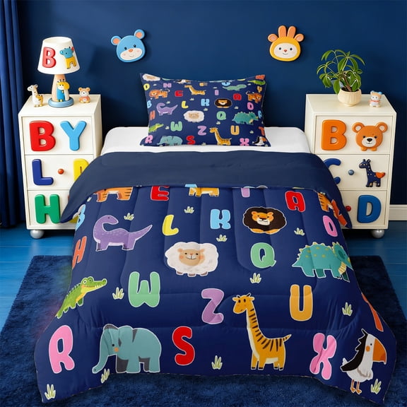 Erosebridal Dinosaur Elephant Giraffe Twin Comforter Sets,Multicolor Letter Lovely Cute Animals Bedding Set For Boys Kids, Reversible 2 Pieces