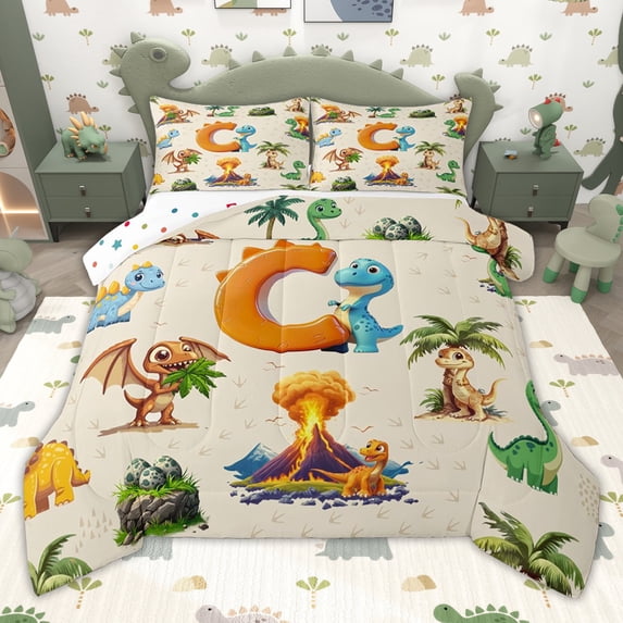 Erosebridal Dinosaur Letter E Twin Comforter Sets for Kids Boys Girls, Cartoon Dino Animals Bedding Set, Polka Dots Reversible, 2-Piece