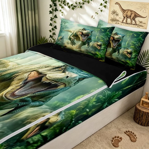 Erosebridal Dinosaur Wildlife Zipper Twin Comforter Sets with Fitted Sheet and 2 Pillowcases for Boys Men, Green Jungle Scene Dino Zipper Bedding Set, Black Reversible, 4-Piece