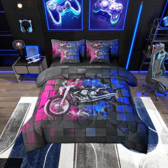 Erosebridal Dirt Bike Bed in a Bag Full size,Geometric Buffalo Bed Set,Blue Pink Bedding Full Size,Lightweight Motorcycle Room Decoration,Reversible,7pcs