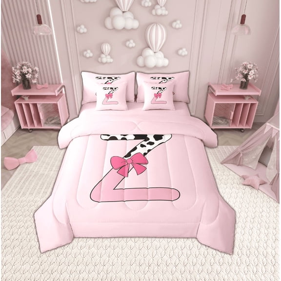 Erosebridal Letter Initial Z Bedding Sets Twin Size,Kawaii Bow Comforter Sets with Sheets,Microfiber Reversible Bed in a Bag Twin size,Cow Print Decor,7pcs