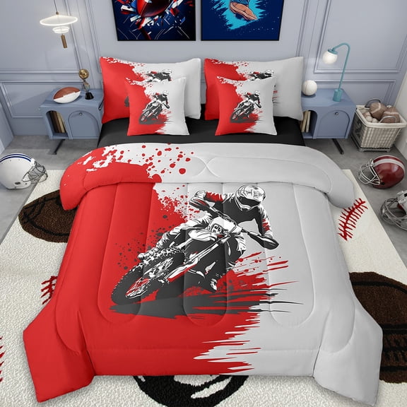 Erosebridal Dirt Bike Bed in a Bag Twin Size,Sports Bed Set,Splash Red Bedding Twin Size For Youth,Ultra Soft Bedroom Decoration Reversible,7 Pieces