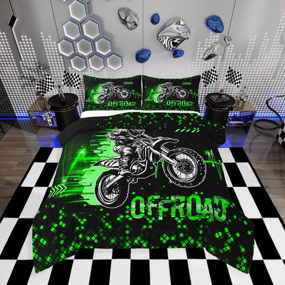 Erosebridal Dirt Bike Bedding Twin Comforter Set,Extreme Sports Down Comforter,Checkered Room Decorative,Reversible,Lightweight,2 Piece