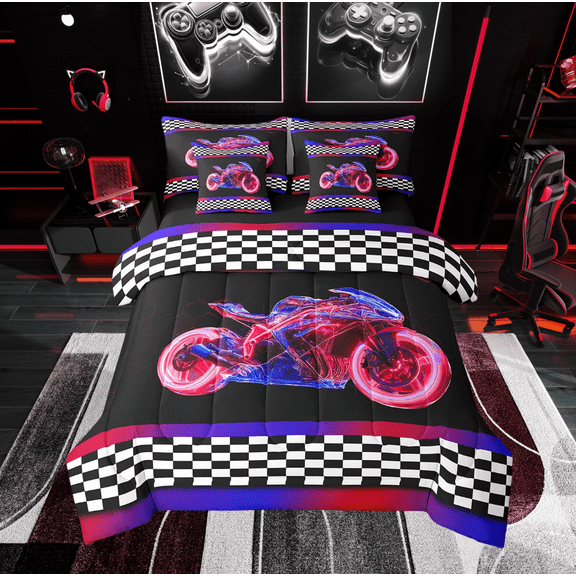 Erosebridal Dirt Bike Bedding Twin Size, Sports Game Bedding Sets Twin Size, Geometric Decor, Reversible 7-Piece