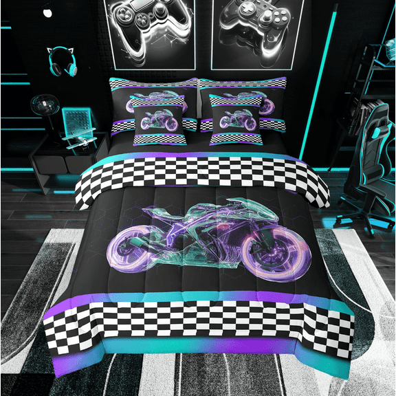 Erosebridal Dirt Bike Bedding Twin Size, Sports Game Bedding Sets Twin Size, Geometric Decor, Reversible 7-Piece