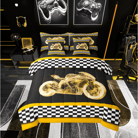 Erosebridal Dirt Bike Bedding Twin Size, Sports Game Decor Bedding Sets Twin Size, Geometric Decor, Reversible 7 Pieces