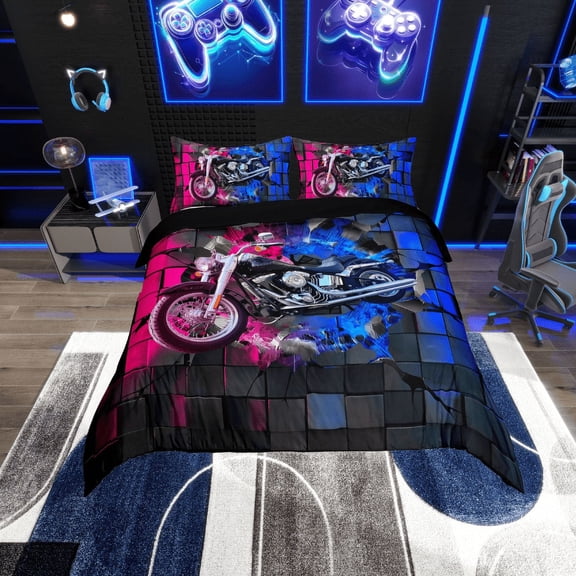 Erosebridal Dirt Bike Comforter Cover Twin,Geometric Buffalo Bedding Twin Size,Blue Pink Duvet Cover Twin,Lightweight Motorcycle Room Decoration,Reversible,3pcs(No Comforter)