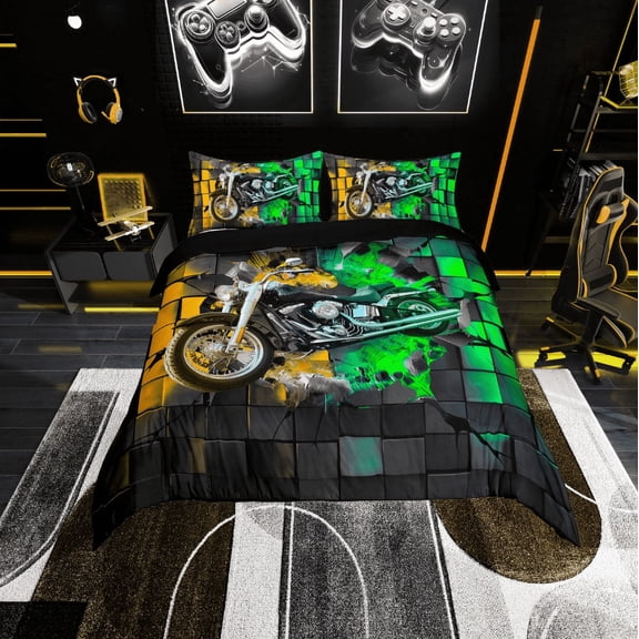 Erosebridal Dirt Bike Comforter Cover Twin,Geometric Buffalo Bedding Twin Size,Golden Green Duvet Cover Twin,Lightweight Motorcycle Room Decoration,Reversible,3pcs(No Comforter)