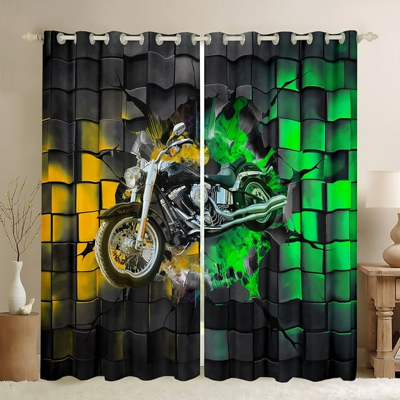 Erosebridal Dirt Bike Curtains Pack of 2 (42Wx63L),Geometric Buffalo 30%-50% Black Out Curtains,Golden Green Curtains for Living Room (42Wx63L),Motorcycle Room Decoration