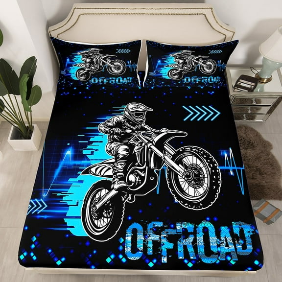 Erosebridal Dirt Bike Fitted Sheet Set Twin,Extreme Sports Bedding Twin Size,Grid Room Decorative,Breathable,2-Piece(No Top Sheet)