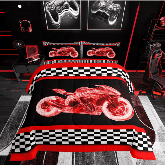 Erosebridal Dirt Bike Sports Bedding Sets Twin with Comforter, Red Duvet Insert, Motorcycle Sport Decor, Microfiber 2 Pieces
