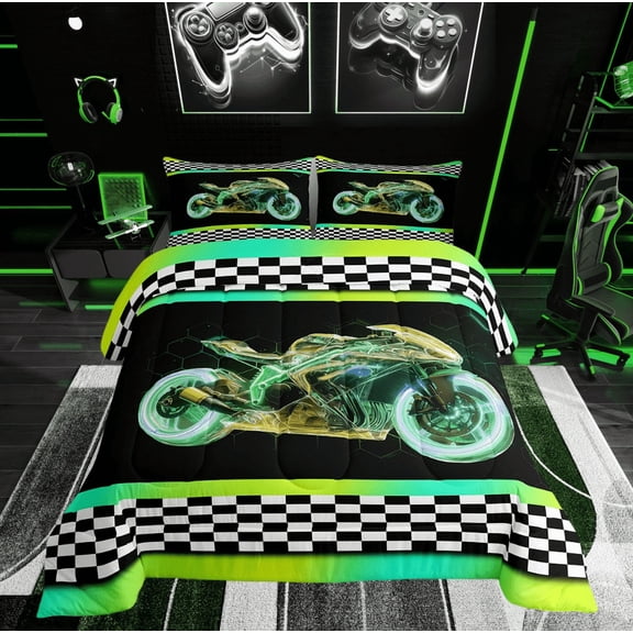 Erosebridal Dirt Bike Sports Bedding Sets Twin with Comforter, Yellow Green Duvet Insert, Teens, Microfiber 2 Pieces