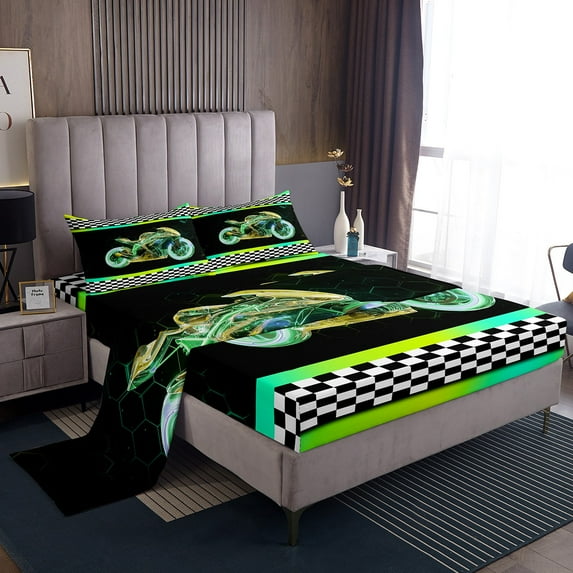 Erosebridal Dirt Bike Sports Twin Sheet Sets, Yellow Green Bedding Twin Size, Teens 3 Pieces