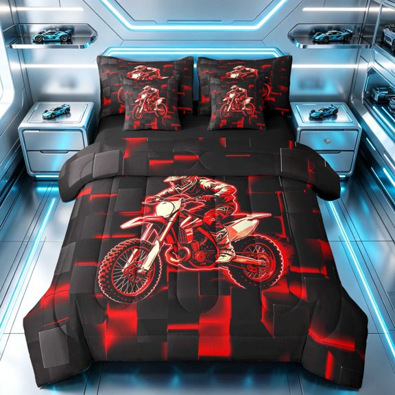 Erosebridal Dirt Bike Twin Bedding, Motocross Bedding Comforter Set, Red Cube, Black Reversible 7-Piece
