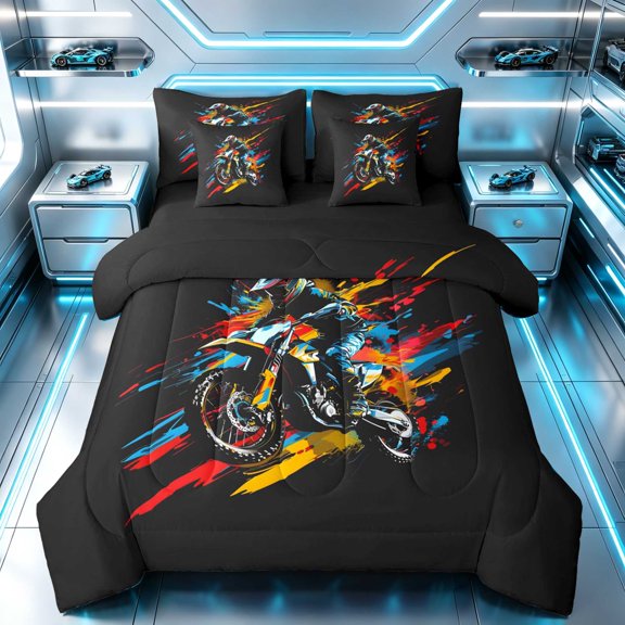 Erosebridal Dirt Bike Twin Bedding, Paint Splatter Bedding Comforter Set, Yellow Splatter, Black Reversible 7-Piece