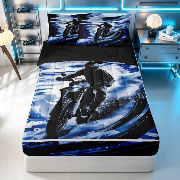 Erosebridal Dirt Bike Zipper Full Size Comforter Sets with Fitted Sheet and 2 Pillowcases, Tire Track Zipper Bedding Set, Blue Black, Black Reversible