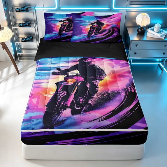 Erosebridal Dirt Bike Zipper Twin Comforter Sets with Fitted Sheet and 2 Pillowcases, Tire Track Zipper Bedding Set, Purple Blue, Black Reversible