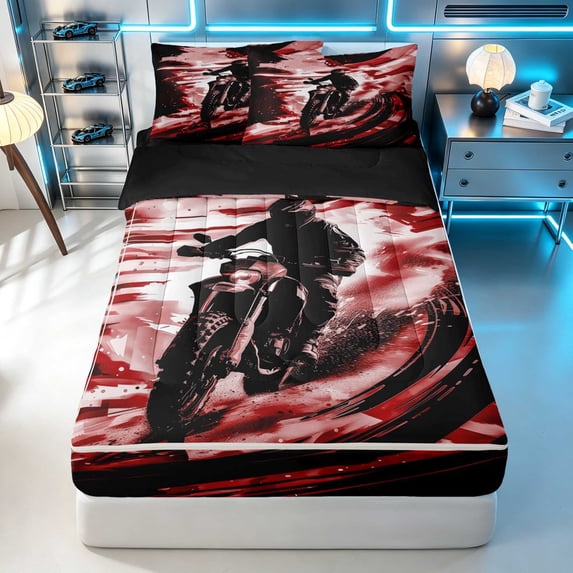 Erosebridal Dirt Bike Zipper Twin Comforter Sets with Fitted Sheet and 2 Pillowcases, Tire Track Zipper Bedding Set, Red Black, Black Reversible