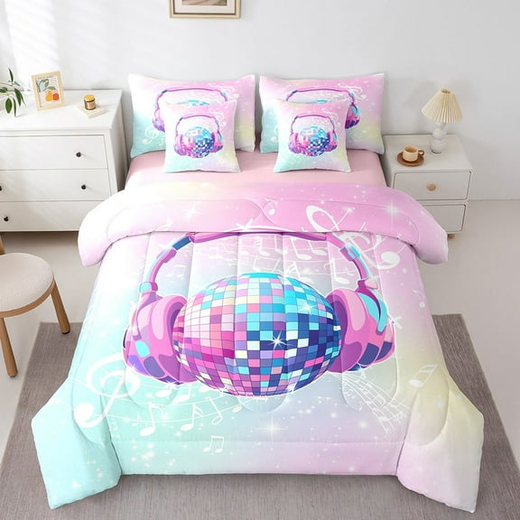 Erosebridal Disco Ball Bedding Queen Size,Music Melody Bedding Sets Queen Size,Bling Stars Comforter Sets with Sheets,Lightweight Girls Bedroom Decor,Reversible,7 Pieces