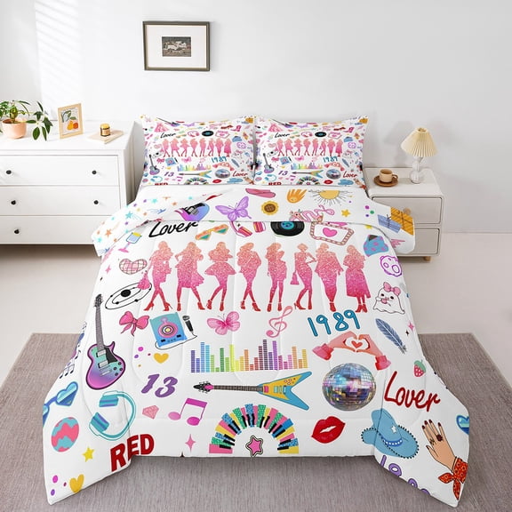 Erosebridal Disco Ball Bedding Sets Full with Comforter,Music Guitar Duvet Insert,Bling Glitter Comforter Sets Full Size,Breathable Kawaii Room Decor,Reversible,3pcs